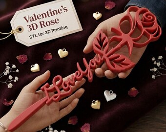 Valentine Rose „Ich liebe Dich“ STL-Datei für 3D-Druck, Romantisches Rosengeschenk 3D-Modell, Liebesdekor Digitaler Download, Easy Print Valentine DIY