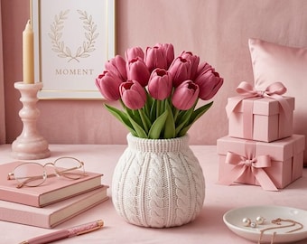 Gehäkelte Vase mit Tulpen Blumen STL-Datei, niedliches Blumen Wohndekor 3D Druck, ästhetischer häkeln Stil Vase, sofortiger digitaler Download