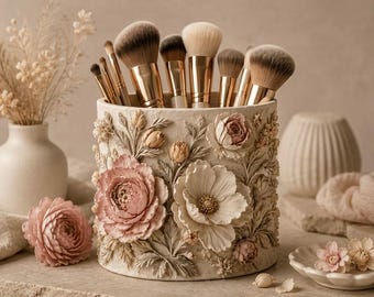 Floral Make-up Pinsel Halter STL-Datei, Elegante Vanity Organizer 3D Print, niedliche Kosmetik Lagerung Decor, Instant Digital Download