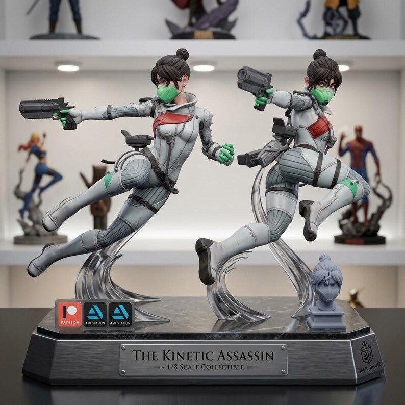 May include: Two statues of a female character in a dynamic pose, holding a gun. The figures wear a white and gray suit with red accents and a green face mask. The base reads "The Kinetic Assassin - 1/8 Scale Collectible."