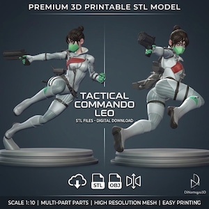 May include: A 3D printable STL model of a female commando in a dynamic pose, holding a gun. The figure is clad in a white and gray tactical suit with red and green accents. Text on the image reads "TACTICAL COMMANDO LEO" and "STL FILES - DIGITAL DOWNLOAD".