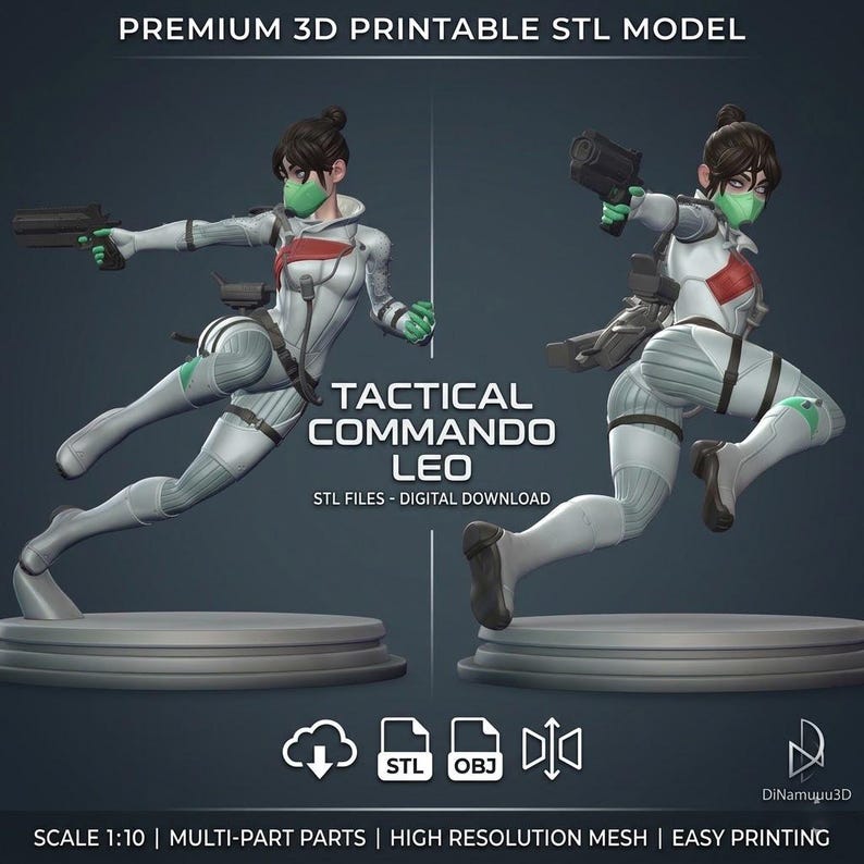May include: A 3D printable STL model of a female commando in a dynamic pose, holding a gun. The figure is clad in a white and gray tactical suit with red and green accents. Text on the image reads "TACTICAL COMMANDO LEO" and "STL FILES - DIGITAL DOWNLOAD".