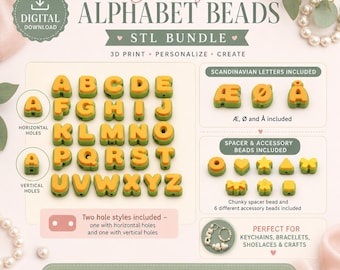 Chunky Alphabet Bead STL Bundle A-Z, 3D druckbare Buchstabenperlen für Schlüsselanhänger & Schmuck, benutzerdefinierte Name Charm STL-Dateien, digitaler Download