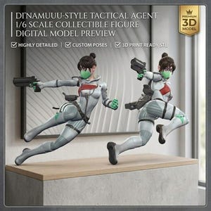 May include: A 1/6 scale collectible figure of a tactical agent in a dynamic pose, holding a gun. The figure is wearing a white and gray suit with red and green accents. The text on the image reads "DI'NAMUUU-STYLE TACTICAL AGENT" and "DIGITAL MODEL PREVIEW".