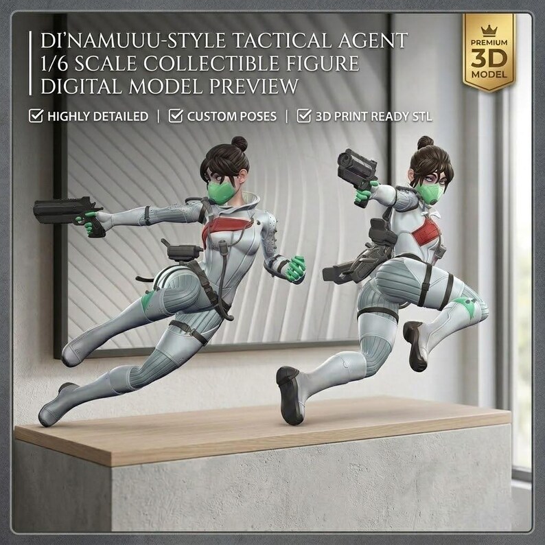 May include: A 1/6 scale collectible figure of a tactical agent in a dynamic pose, holding a gun. The figure is wearing a white and gray suit with red and green accents. The text on the image reads "DI'NAMUUU-STYLE TACTICAL AGENT" and "DIGITAL MODEL PREVIEW".