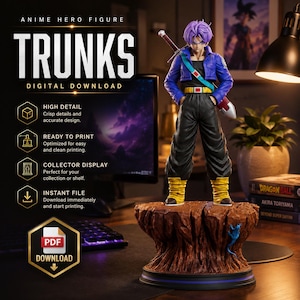 Puede incluir: Figura de anime de Trunks, con un personaje de pelo morado, chaqueta azul y pantalones negros, sosteniendo una espada. La figura está sobre una base rocosa marrón detallada. El texto de la imagen dice "TRUNKS DIGITAL DOWNLOAD."