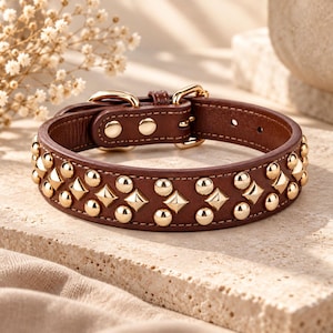 May include: A brown leather collar featuring two rows of gold-toned metal studs. The collar includes a gold-toned metal buckle and a matching loop for adjustment, with visible stitching along the edges of the leather strap.