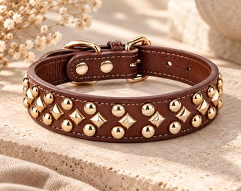 Spiked Leather Dog Collar, Gold Rivet Anti Bite Dog Collar, Soft PU Leather Collar for Small Medium Large Dogs, Walking Training Pet Collar