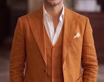 Rostorange Leinen Hochzeitsanzüge neue casual fit eleganter Anzug