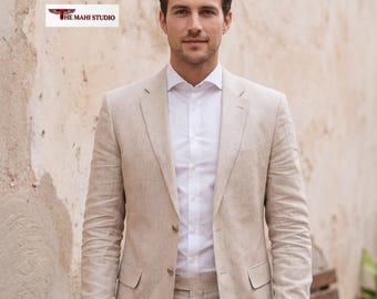 Beige linen wedding suits new casual fit elegant suit
