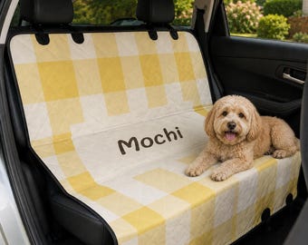 Funda personalizada para asiento de coche para perros con estampado de cuadros amarillos, hamaca impermeable para mascotas con nombre personalizado, protector de asiento trasero para coches y SUV.