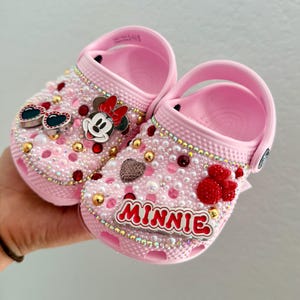 custom baby crocs, Minnie Mouse crocs, rhinestone crocs, baby girl shoes, Disney baby outfit, pink crocs baby, bling crocs kids, sparkly baby shoes