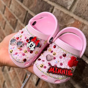 custom baby crocs, Minnie Mouse crocs, rhinestone crocs, baby girl shoes, Disney baby outfit, pink crocs baby, bling crocs kids, sparkly baby shoes