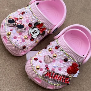 custom baby crocs, Minnie Mouse crocs, rhinestone crocs, baby girl shoes, Disney baby outfit, pink crocs baby, bling crocs kids, sparkly baby shoes