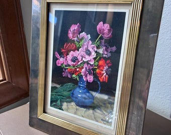 Vintage Blumenpostkarte von WH Berger mit Vintagerahmen in versilbertem und goldenem Vintagerahmen