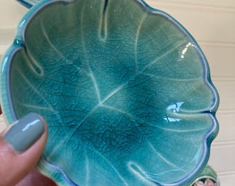 Studio Pottery Leaf Print Aqua Trinket Dish Crackle Glaze
