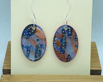 Resin jewelry,hand painted paper earrings,sterling silver findings,purple earrings,oval earrings,one of a kind,abstract jewelry,modern