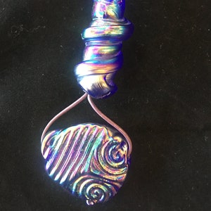 Iridescent glass pendant necklace, statement glass bead,  purple leather cord, simple, contemporary, sleek