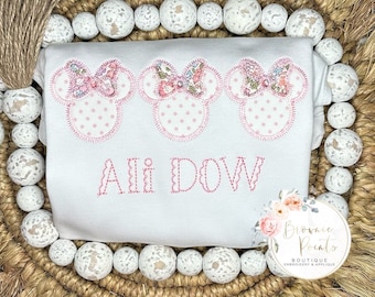 Mouse w/bow trio appliqué shirt, ruffle tshirt, ruffle romper