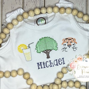Tiger Mascot Football trio,  act and orange Embroidered shirt, romper, bubble