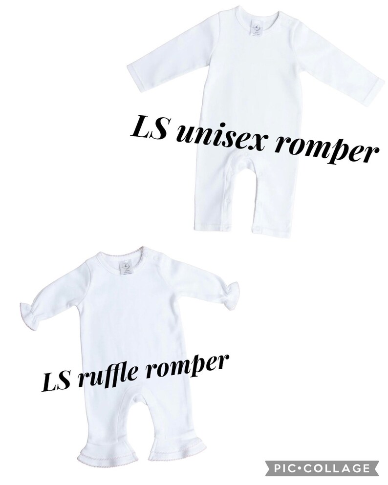 Puede incluir: Dos mamelucos de beb&eacute; blancos de manga larga. El mameluco de arriba es un mameluco unisex liso. El mameluco de abajo tiene volantes en las mangas y las piernas.  "LS unisex romper" y "LS ruffle romper" est&aacute;n escritos en negro debajo de cada mameluco.
