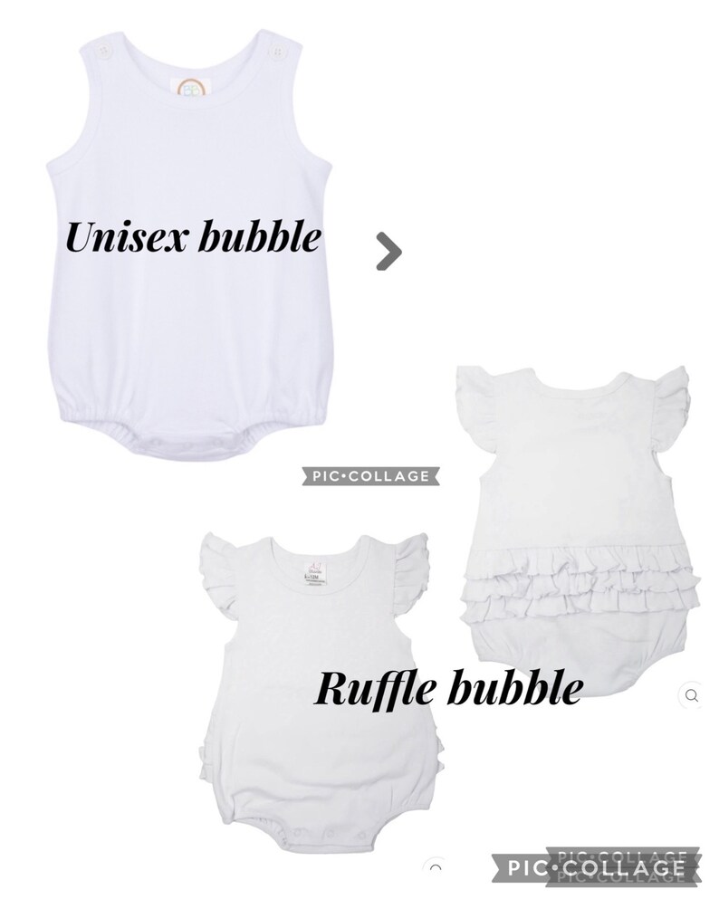 Puede incluir: Dos bodies blancos para beb&eacute;. El body de la izquierda es un estilo liso sin mangas con el texto "Unisex bubble" impreso en la parte delantera. El body de la derecha tiene mangas cortas con volantes y el texto "Ruffle bubble" impreso en la parte delantera.