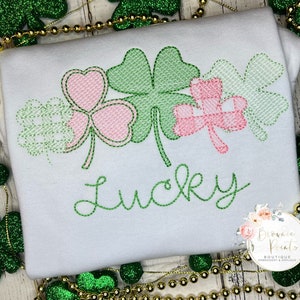 St Patrick’s Day whimsical shamrocks embroidery , shirt, ruffle tshirt, ruffle romper