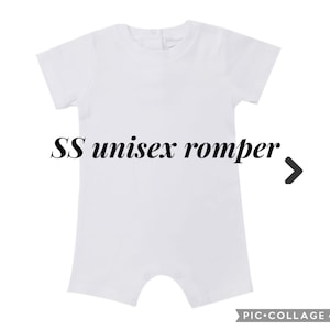 May include: White short-sleeve unisex romper.  The romper has a crew neck and a snap closure at the bottom.