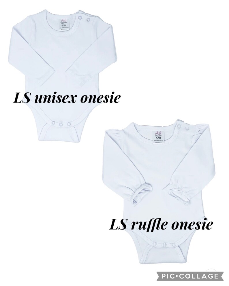 May include: Two white long-sleeve onesies for babies. The onesie on the left has a plain long sleeve, while the onesie on the right has a ruffle on each sleeve. Both onesies have a snap closure at the crotch.