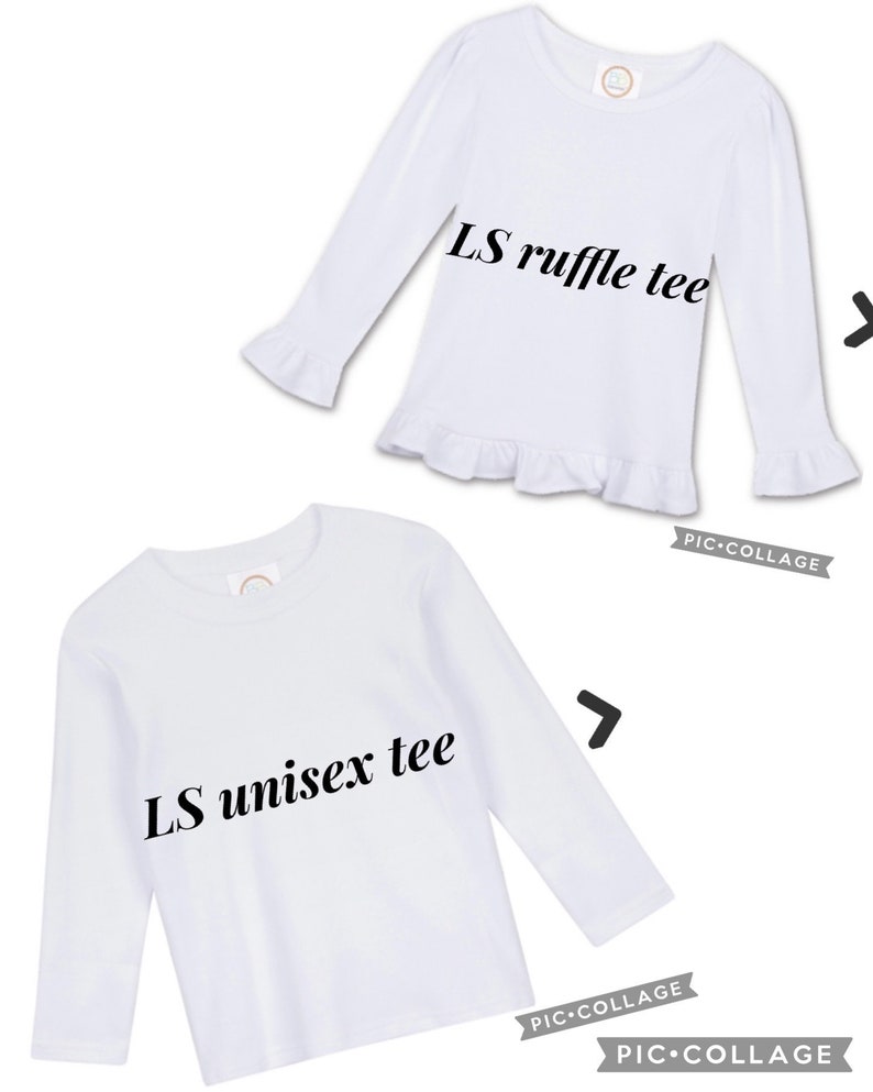 Puede incluir: Dos camisas blancas de manga larga. La camisa de arriba tiene un volante en la parte inferior y el texto "LS ruffle tee". La camisa de abajo tiene el texto "LS unisex tee".