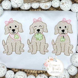 St Patrick’s Day puppy trio w/ shamrocks and w/bow embroidery , shirt, ruffle tshirt, ruffle romper