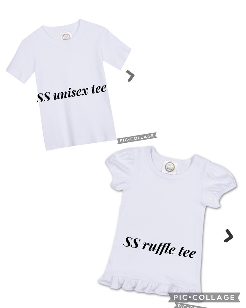 May include: Two white t-shirts, one with short sleeves and the other with short ruffle sleeves. The text "SS unisex tee" is below the first shirt and "SS ruffle tee" is below the second shirt.