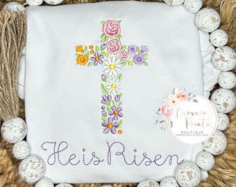 Easter Foral  Cross He is Risen -embroidery , tshirt, romper, bubble