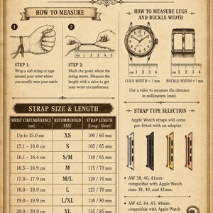 K&ouml;nnte beinhalten: Eine Anleitung zur Gr&ouml;&szlig;enbestimmung von Uhrenarmb&auml;ndern im Vintage-Stil auf gealtertem Papier. Sie enth&auml;lt Anweisungen zum Messen des Handgelenkumfangs und der Bandl&auml;nge, mit einer Tabelle, die Gr&ouml;&szlig;en in Zentimetern zeigt. Apple Watch-Armband-Kompatibilit&auml;t.