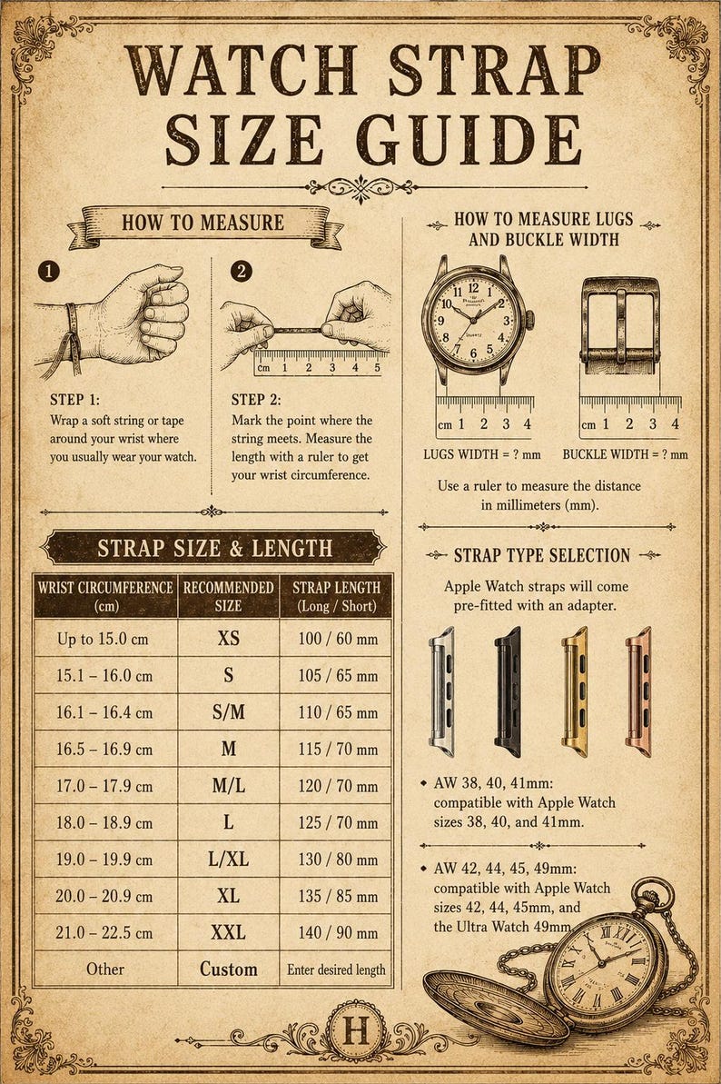 K&ouml;nnte beinhalten: Eine Anleitung zur Gr&ouml;&szlig;enbestimmung von Uhrenarmb&auml;ndern im Vintage-Stil auf gealtertem Papier. Sie enth&auml;lt Anweisungen zum Messen des Handgelenkumfangs und der Bandl&auml;nge, mit einer Tabelle, die Gr&ouml;&szlig;en in Zentimetern zeigt. Apple Watch-Armband-Kompatibilit&auml;t.