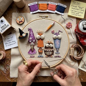 May include: An embroidery hoop containing a cross-stitch design of four whimsical characters, including a witch, a tall orange figure, a round brown creature, and a purple milkshake. The scene includes embroidery floss, a pencil, and notes.