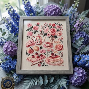 Korsstygnsmönster för Cottagecore Tea Party i PDF-format, broderidiagram med vintagetekanna och rosor, nålstickning med mysig jordgubbstårta, rosa botanisk färg.