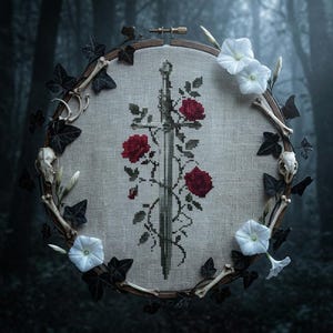 Könnte beinhalten: Kreuzstich-Stickerei in einem Holzreifen mit einem Schwert, das von roten Rosen umrankt ist. Das Design ist von einem Kranz aus Efeu, Knochen, weißen Blumen und einem Schädel umgeben, vor einem verschwommenen Waldhintergrund.