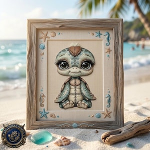 May include: A framed embroidery art piece featuring a central cartoon sea turtle with large eyes, surrounded by a border of stitched starfish, seashells, and seahorses on a beige fabric background, enclosed in a rustic light brown wooden frame.