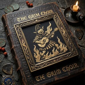 May include: A dark, weathered book titled The Grim Choir with gold lettering and a central embroidered panel featuring a grinning, pointed-hat figure playing an acoustic guitar amidst flames, framed by ornate gold borders and runic inscriptions.