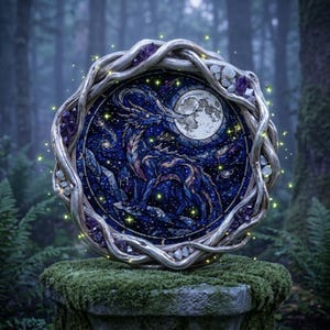 May include: Round, framed cross-stitch art featuring a blue and purple mythical creature under a full moon and starry night sky. The frame is silver with a woven branch design and amethyst and crystal accents. The artwork is displayed on a moss-covered stone pedestal.