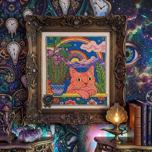 May include: A framed cross-stitch embroidery featuring an orange cat resting on a ledge beside a potted cactus. The background displays a vibrant rainbow, pink clouds, and purple mountains. The ornate, dark metallic frame has mushroom details.