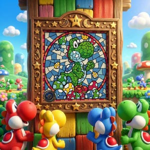 May include: A colorful image featuring Yoshi characters from the Super Mario franchise. A stained-glass window depicts a green Yoshi. Surrounding the window are red, yellow, blue, and green Yoshis. The background includes mushrooms and a whimsical landscape.