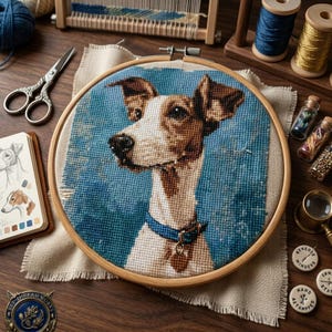 May include: A cross-stitch embroidery project in a round wooden hoop featuring a portrait of a brown and white dog with a blue collar against a blue background, surrounded by sewing supplies including scissors, thread spools, and a sketchbook.