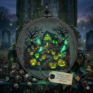 Puede incluir: Un diseño de punto de cruz con temática de Halloween en un marco redondo. La obra de arte representa una escena espeluznante con calabazas brillantes, fantasmas y una casa embrujada. El texto en la etiqueta dice "FINISHED WITH FLUORESCENT AND NEON GLOW THREADS."