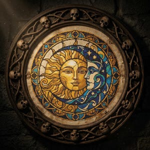May include: Circular cross-stitch artwork depicting a sun and moon. The sun is golden yellow, the moon is blue and teal. The dark brown frame has skull and vine motifs.