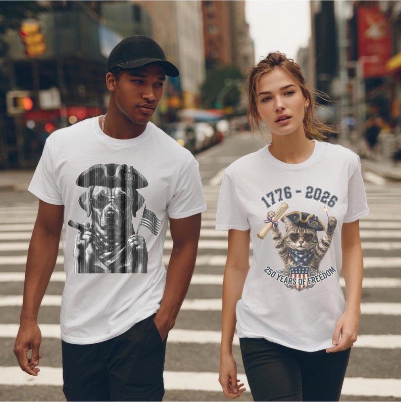 May include: Two white t-shirts featuring patriotic graphics. The left shirt displays a black and white dog in a tricorn hat with sunglasses and an American flag. The right shirt shows a cat in a tricorn hat with sunglasses, a scroll, and the text 1776-2026 250 YEARS OF FREEDOM.