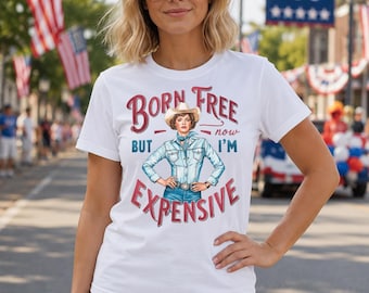 Camiseta "Nací libre, pero ahora soy cara" / Ilustración de vaquera, tipografía retro