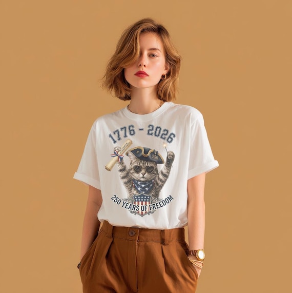 250th Anniversary, Vintage Cat Tee, 4th of July Freedom Shirt, Retro Americana Top, Cat Lover T-Shirt, Patriotic Graphic T-Shirt