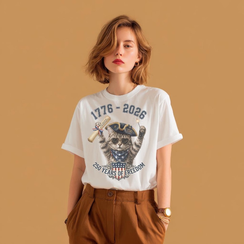 May include: A white t-shirt featuring a graphic of a cat wearing a tricorn hat, sunglasses, and a star-spangled bandana. The cat holds a scroll and a sparkler. Text reads 1776-2026 and 250 YEARS OF FREEDOM above and below the cat illustration.
